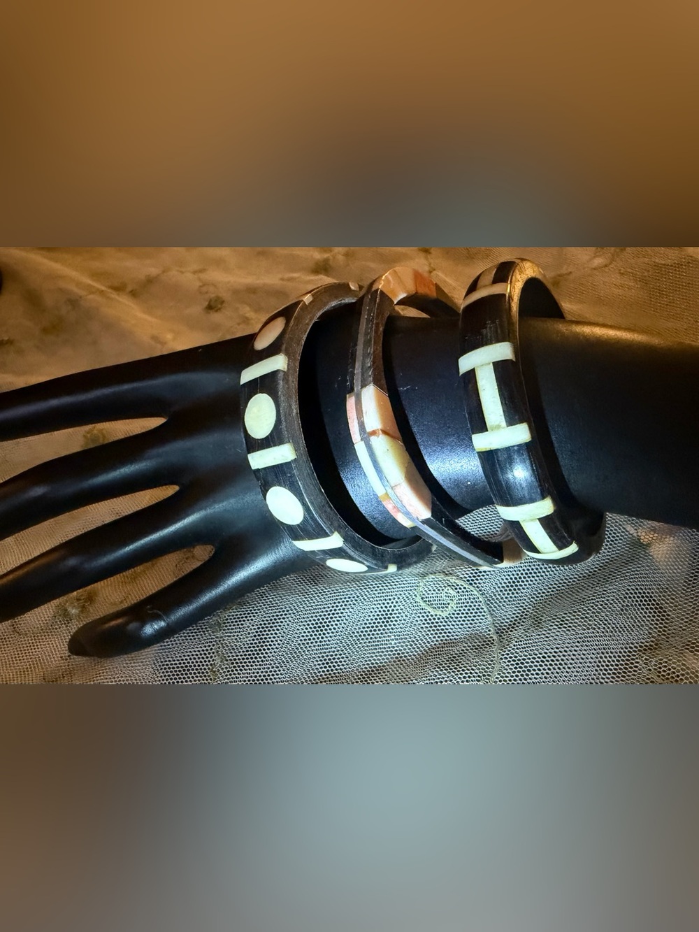 Vintage Bohemian Bone Inlay Black and Ivory Bangle bracelets set of 3